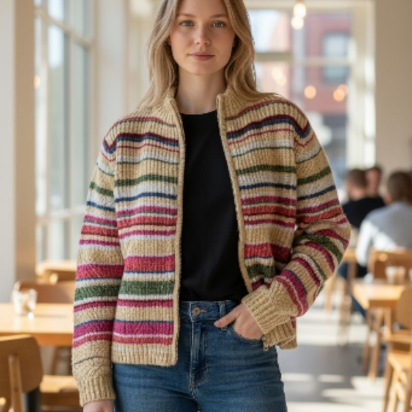 Tiara Sweaters - Tiara International Multicolor Striped Zipper Front Cardigan